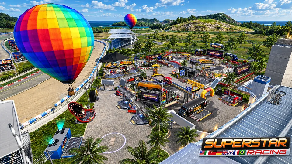 The Superstar Racing 2009 paddock from above, with hot-air balloons over the track.